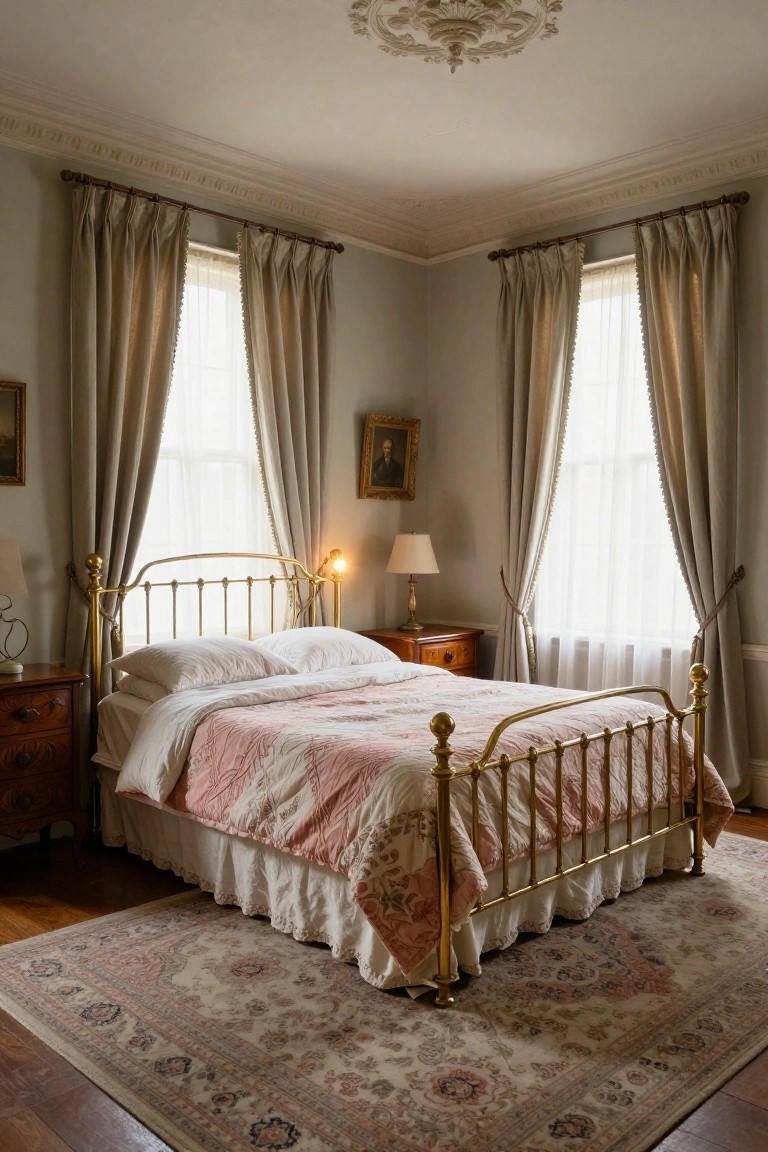 A corner bedroom with a brass bed frame holding white sheets and a pink quilted bedspread, flanked by wooden nightstands and lamps, beige curtains on two windows, and framed paintings on pale green walls.