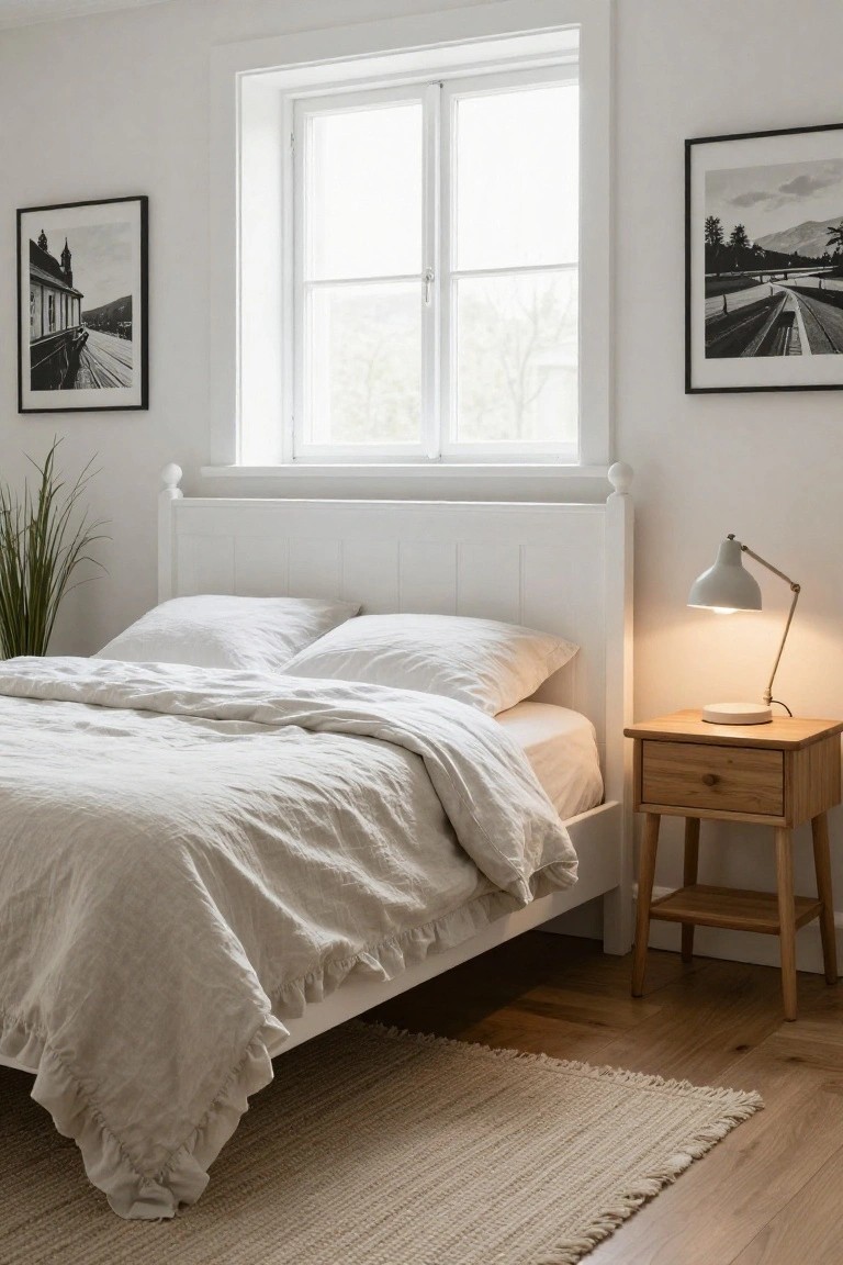 Bedroom interior with white wooden bed frame featuring paneled headboard and turned posts, white linen bedding, wooden nightstand with lamp, potted plant, framed black-and-white photos on walls, large window with natural light, and light wood floor with seagrass rug.