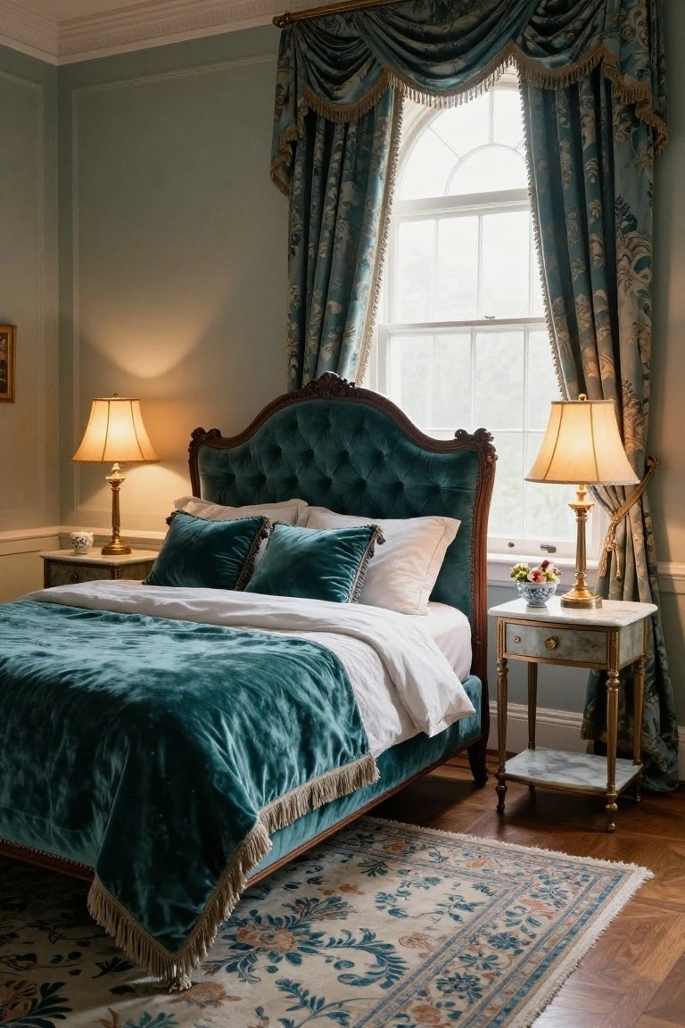 A bedroom with a tufted emerald green velvet bed frame featuring carved wooden headboard and footboard, white bedding, bedside tables with lamps and vases, and heavy blue drapes on a tall arched window.