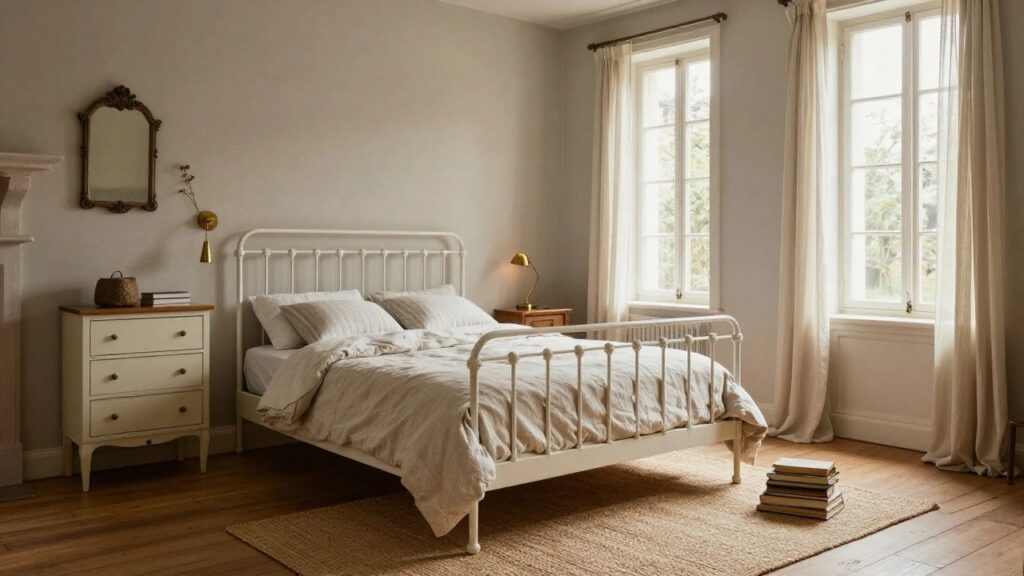 Bedroom with white iron bed frame, rumpled white linen bedding and pillows, cream curtains on sash window, wooden floor, seagrass rug, stack of books, side table, and wall shelf.