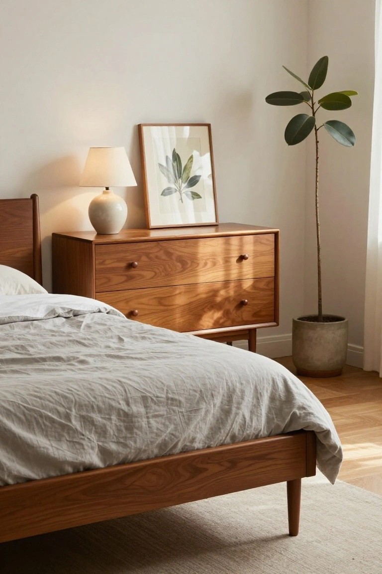 Bedroom corner with low wooden mid-century bed frame on tapered legs, matching wooden dresser, ceramic lamp, framed leaf print on white wall, and tall potted fiddle leaf fig plant on wood floor.