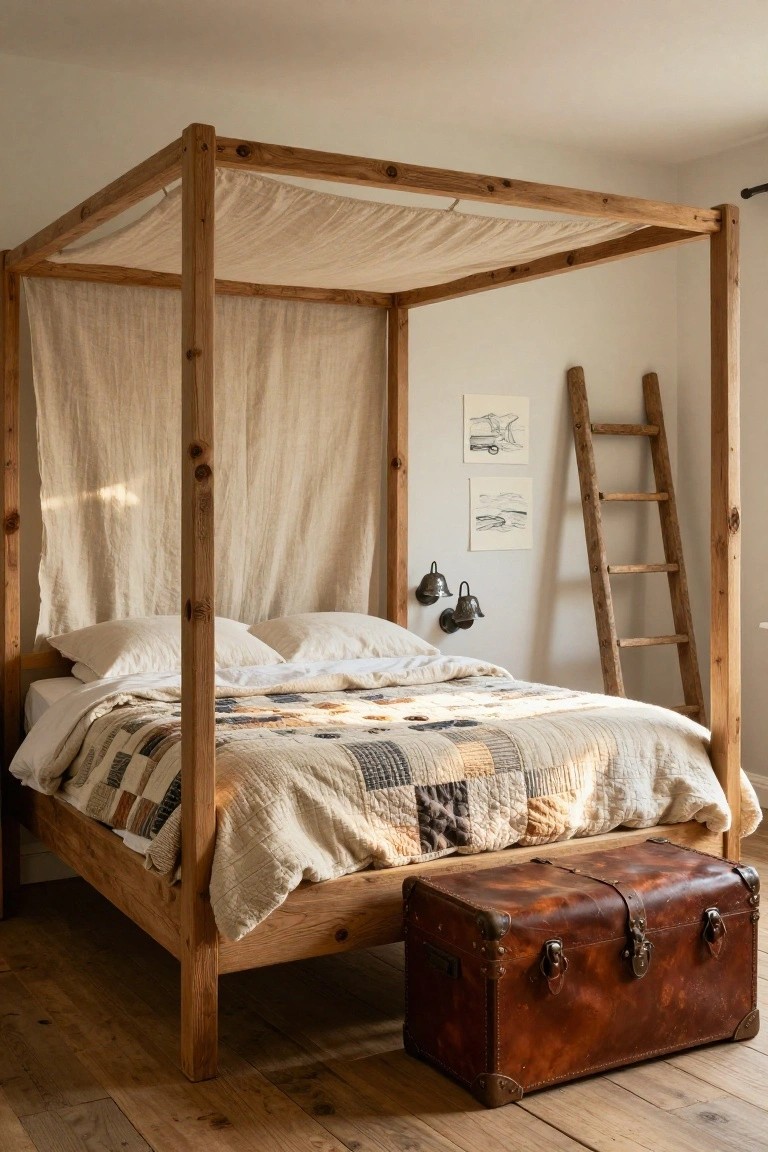 Bedroom with wooden four-poster bed frame draped in beige linen canopy, white pillows and patchwork quilt on bed, wooden ladder leaning on wall, brass wall sconces, and brown leather trunk at foot of bed on hardwood floor.