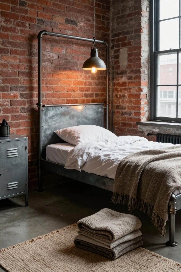 Bedroom with exposed brick walls, metal bed frame using pipe details, pendant light overhead, gray metal locker cabinet, white bedding, and stacked blankets on concrete floor.