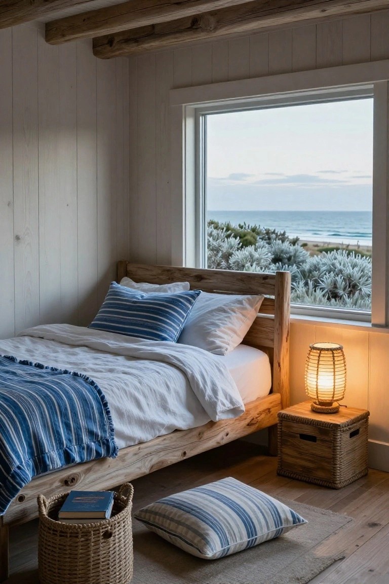 A small bedroom with white shiplap walls and exposed beam ceiling, featuring a low wooden bed frame with white linens, blue striped pillows and throw, rattan lamp on wooden nightstand, woven basket on floor, and large window overlooking coastal dunes and ocean.