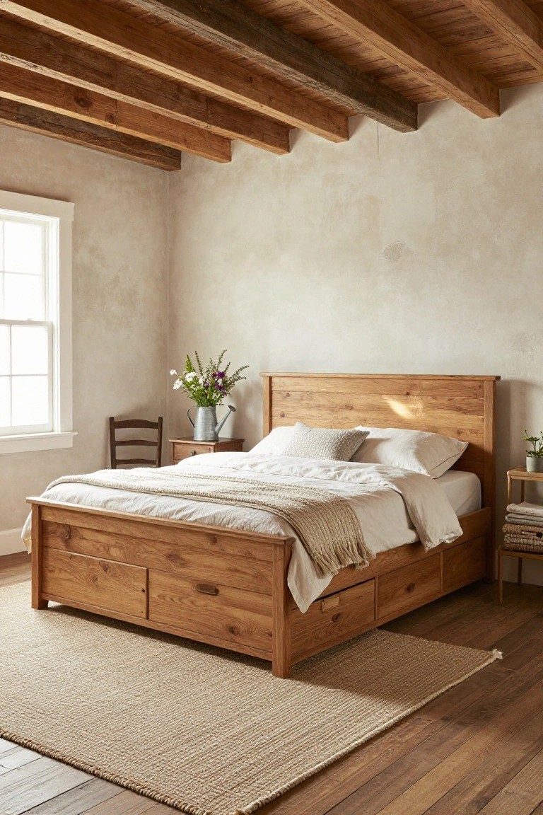 A bedroom with exposed wooden ceiling beams, beige plaster walls, a wooden platform bed with underbed drawers and white bedding, a window, wooden chair, and seagrass rug on hardwood floors.