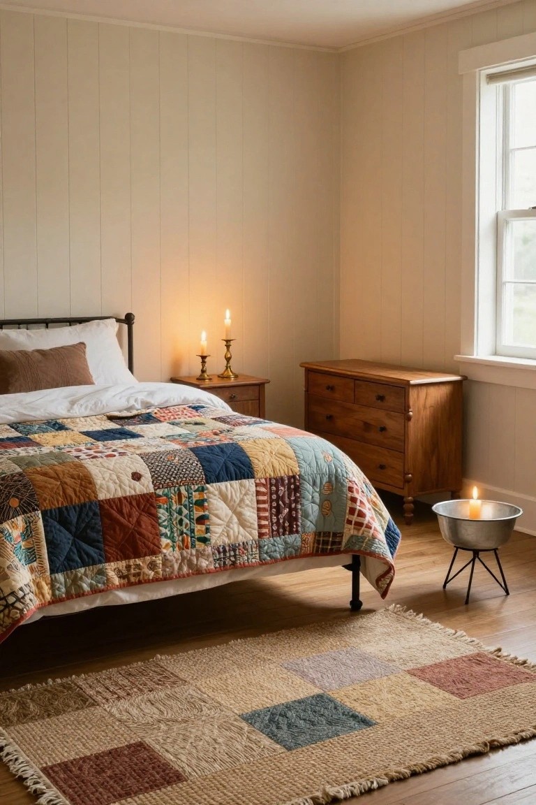 Bedroom corner with black metal bed frame holding white sheets and colorful patchwork quilt, wooden nightstand with two brass candlesticks, metal bucket candle on floor, and woven rug.