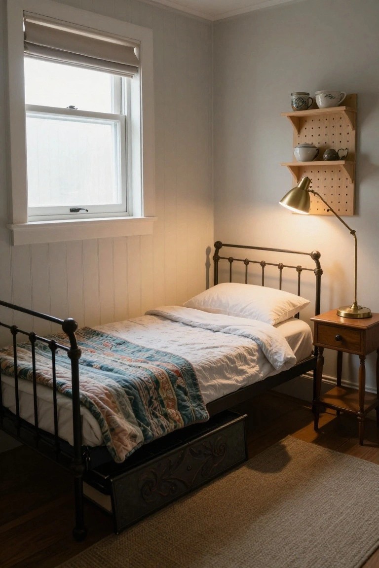 Small bedroom corner with black iron single bed frame, white sheets and multicolored quilted bedspread, wooden nightstand holding brass desk lamp, open window with beige roller blind, and wooden pegboard wall shelves displaying ceramic pots and cups.