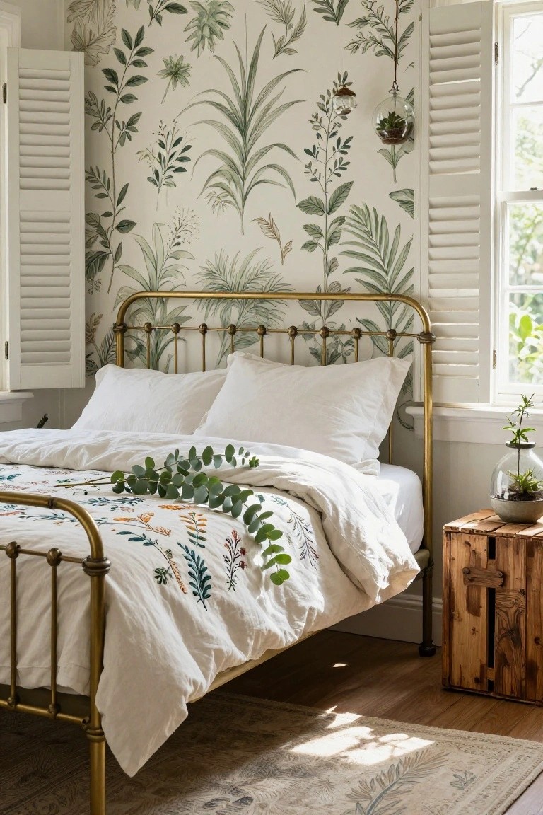 A bedroom with gold brass bed frame holding white pillows and duvet with embroidered florals and eucalyptus branches, set against cream walls with green botanical wallpaper, white shutters on the window, plants in glass orbs, and a wooden crate side table on hardwood floors.