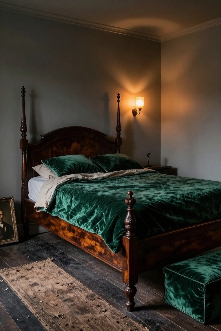 A bedroom with a dark wood four-poster bed draped in emerald green velvet bedding and pillows, a wall-mounted lamp glowing nearby, a small painting on the floor, gray walls, and dark wood floors with a worn rug.
