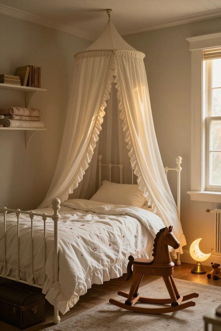 Child's bedroom with white iron bed frame under peaked sheer canopy with ruffles, white bedding, wooden rocking horse on rug, moon lamp, and bookshelves against light gray walls.