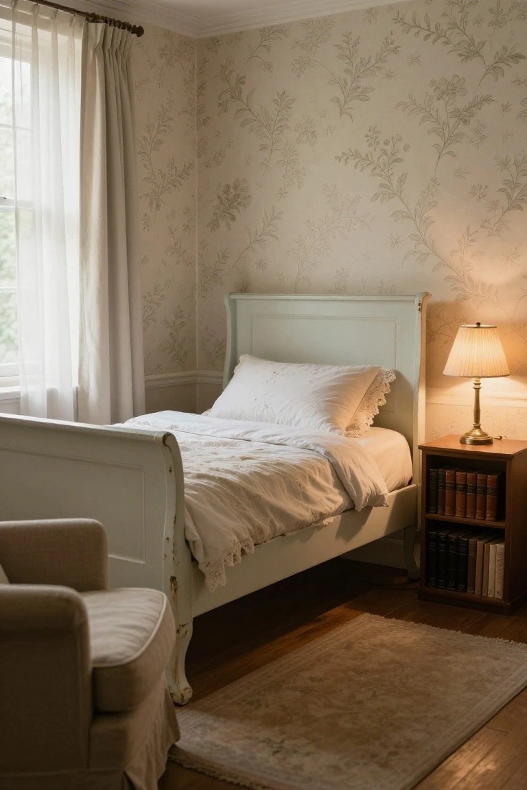 Corner of a bedroom with a pale green wooden sleigh bed dressed in white linens and pillows, beside a wooden nightstand holding books and a lamp, floral wallpaper on walls, sheer curtains at window, armchair nearby, and wood floor with rug.