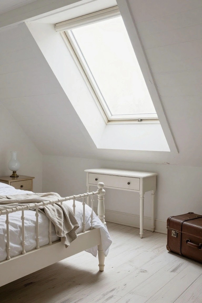 Attic bedroom with white iron bed frame draped in a beige throw, small white desk nearby, bedside table with glass lamp, brown leather suitcase on pale wood floor, and skylight in white sloped ceiling.