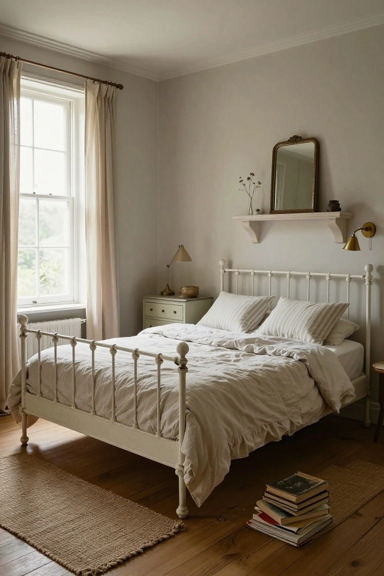 Bedroom with white iron bed frame, rumpled white linen bedding and pillows, cream curtains on sash window, wooden floor, seagrass rug, stack of books, side table, and wall shelf.