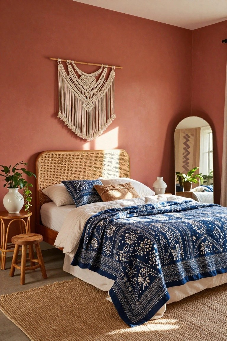 Bedroom corner featuring terracotta textured walls, a bed with beige woven cane headboard, blue patterned quilt and pillows, rattan stool with plant, arched mirror, macrame hanging, and seagrass rug.