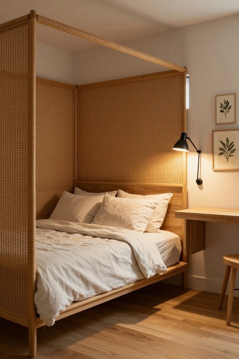 A wooden platform bed with tall woven cane screens forming a partial enclosure in a bright bedroom, white bedding on the bed, wooden desk attached to the frame, adjustable black lamp, and leaf prints on the wall.
