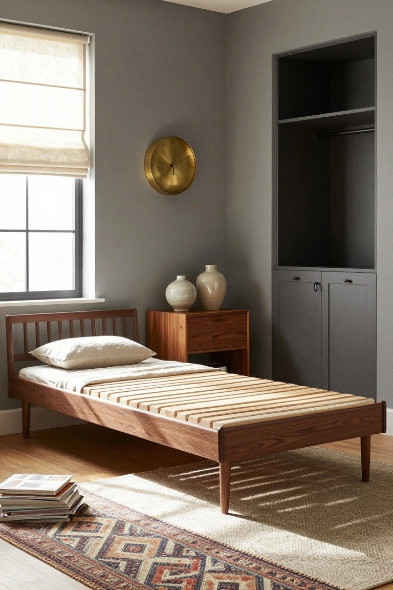 A bedroom interior with a low-profile walnut platform bed featuring a spindle headboard, slatted wooden base, white bedding, adjacent wooden nightstand with lamp and vase, gray walls, built-in wardrobe, gold wall clock, and patterned rug on wood floor.
