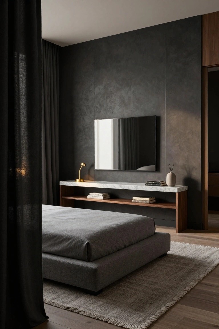 Modern bedroom with gray bed, marble console, and dark accent wall.