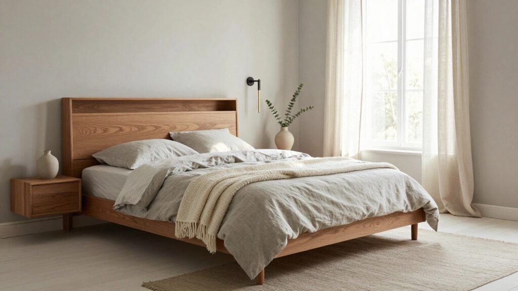 Bedroom with low walnut platform bed frame, light gray linen bedding and pillows, matching wooden nightstand holding a beige vase of eucalyptus branches, sheer window curtain, and light rug on white floor.
