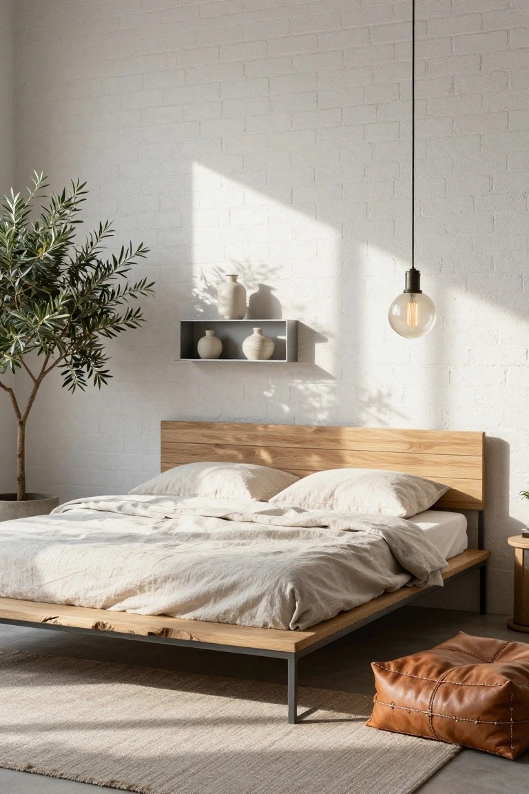 A minimalist bedroom with a low live-edge oak platform bed draped in white linens, a potted olive tree, white brick walls, floating shelves with white vases, a hanging bulb light, and a tan leather pouf on a light rug.