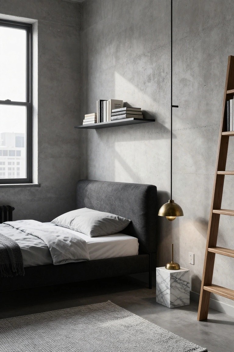 Minimalist bedroom with low black platform bed featuring gray fabric headboard, white sheets and gray duvet, set against textured gray concrete walls, with floating bookshelf, wooden ladder shelf, brass pendant light, marble side table with lamp, and wool rug on concrete floor.