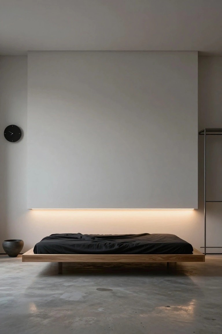 Minimalist bedroom with low wooden platform bed and black bedding on polished concrete floor, thin warm LED strip light recessed in white wall above bed, black wall clock, black vase nearby, and metal wardrobe frame.