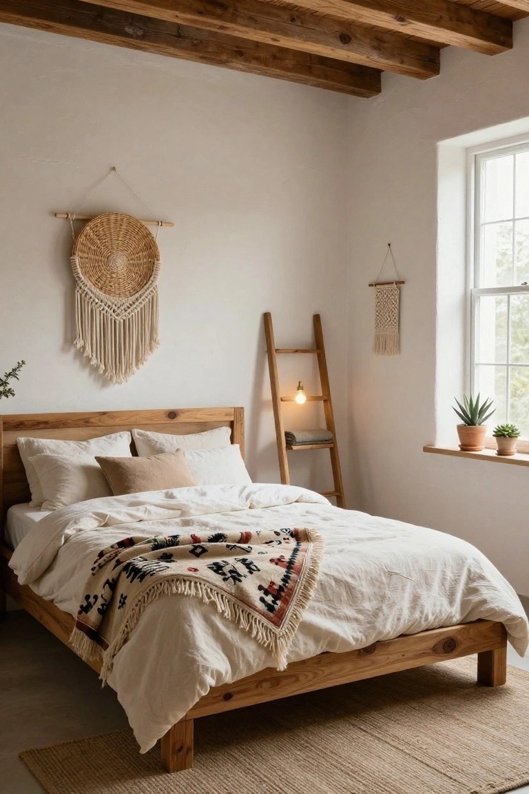 A cozy bedroom with a low natural wood platform bed draped in white linens and a multicolored woven throw, flanked by a wooden ladder shelf, macrame and woven wall hangings, potted plants on a windowsill, and exposed wooden beams on white walls.