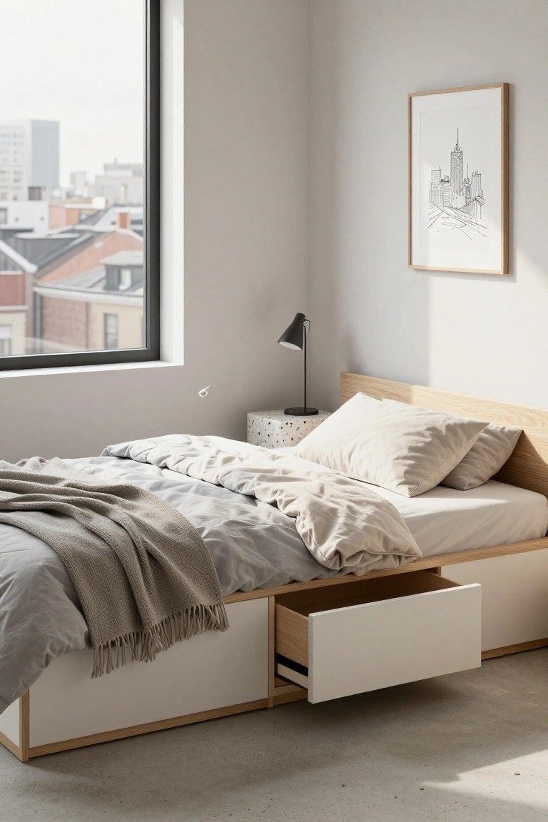 Minimalist bedroom with low oak platform bed featuring open white storage drawers underneath, light gray and beige bedding, speckled bedside table with black lamp, and window view of city buildings.