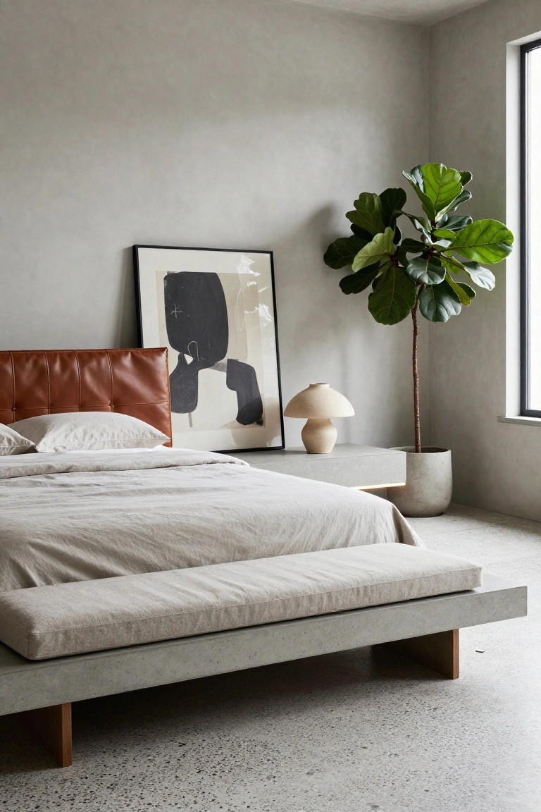 Minimalist bedroom with low gray concrete platform bed, tan leather tufted headboard, white linen bedding and pillows, floating concrete nightstand with beige mushroom lamp, tall black-framed abstract artwork on beige wall, large green fiddle leaf fig plant in white pot by window, polished concrete floor.