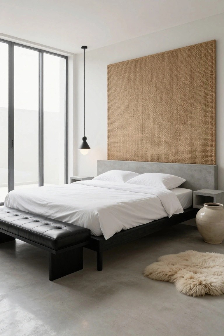 Modern bedroom interior with low black platform bed, gray concrete headboard against tall beige woven rattan wall panel, white bedding and pillows, black leather tufted bench at bed foot, cream sheepskin rug on polished concrete floor, concrete side table holding large ceramic vase, black pendant light, and large floor-to-ceiling glass doors.