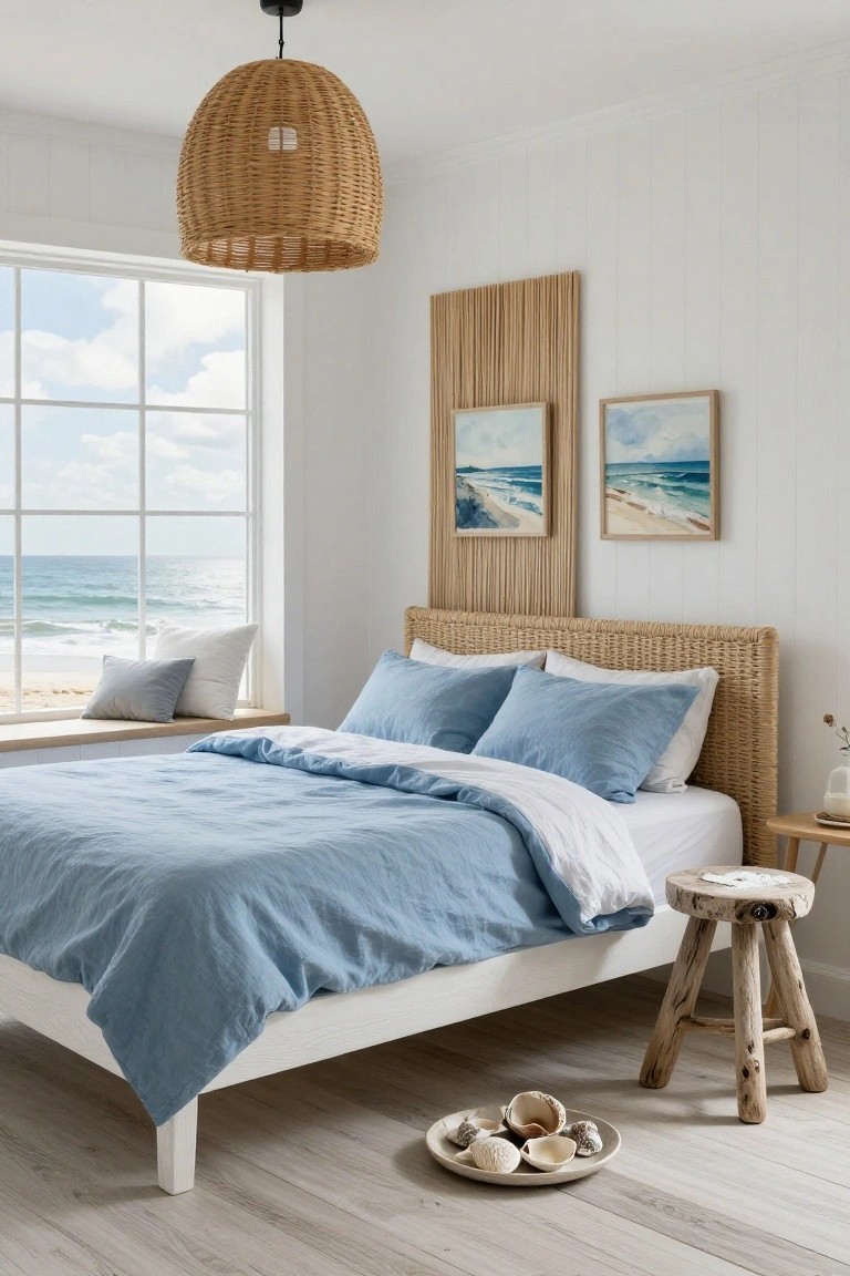 Bedroom with white platform bed featuring rattan headboard, blue linen bedding and pillows, window seat overlooking ocean, rattan wall panels, and wooden stool on light wood floor.
