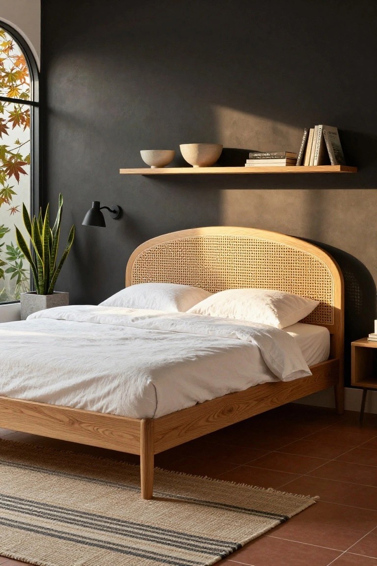 A bedroom with a low wooden platform bed featuring a curved rattan headboard, white bedding, nightstand, snake plant in a pot, wall lamp, and floating shelf with bowls and books against a dark wall.