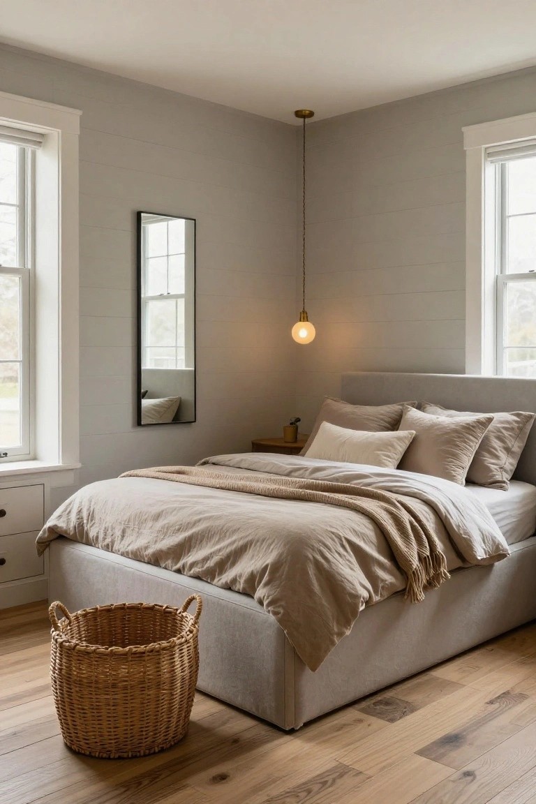 Bedroom corner with low gray platform bed covered in beige linen sheets and pillows, tall slim black mirror on wall, brass pendant light, small nightstand, white dresser, two windows with shades, and wicker basket on hardwood floor.