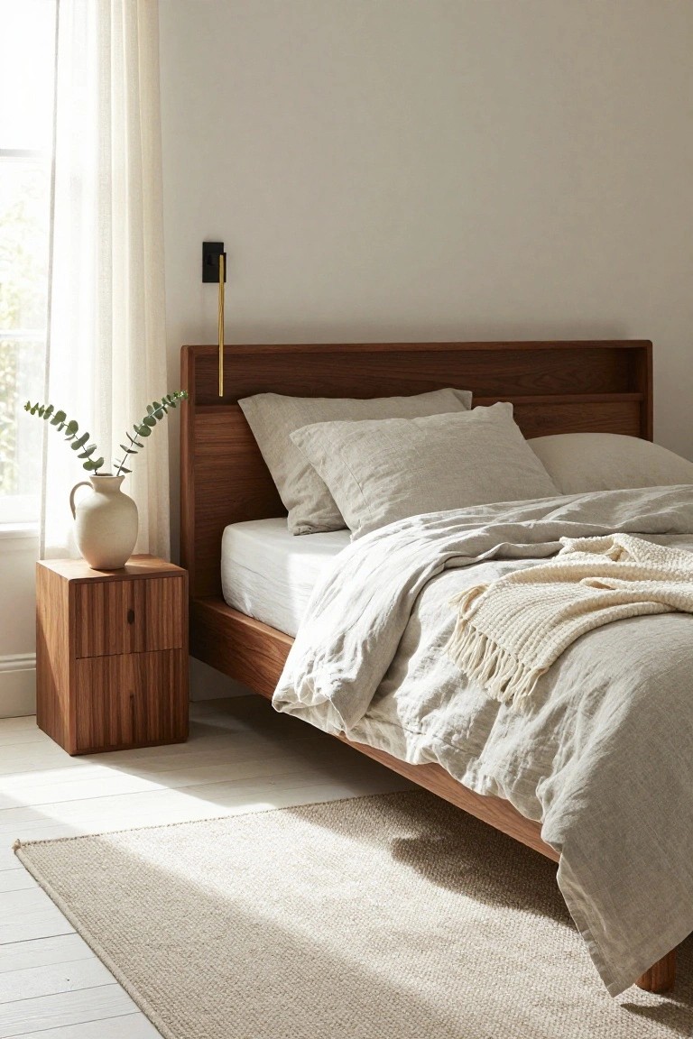 Bedroom with low walnut platform bed frame, light gray linen bedding and pillows, matching wooden nightstand holding a beige vase of eucalyptus branches, sheer window curtain, and light rug on white floor.