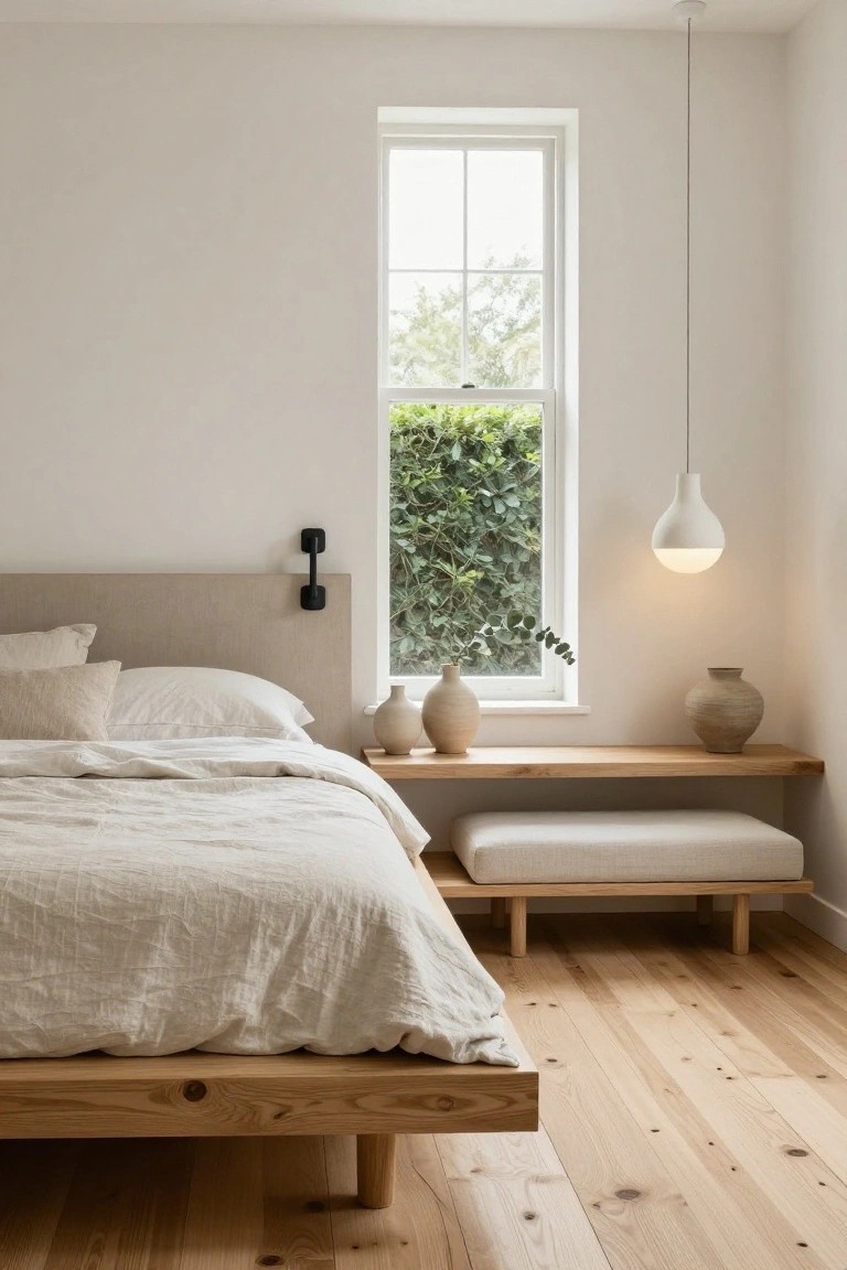 Minimalist bedroom with low wooden platform bed, white linen bedding, beige upholstered headboard with black wall light, floating wooden shelf nightstand holding two vases, white ottoman bench, large window showing greenery outside, white walls, and light oak wood floors.