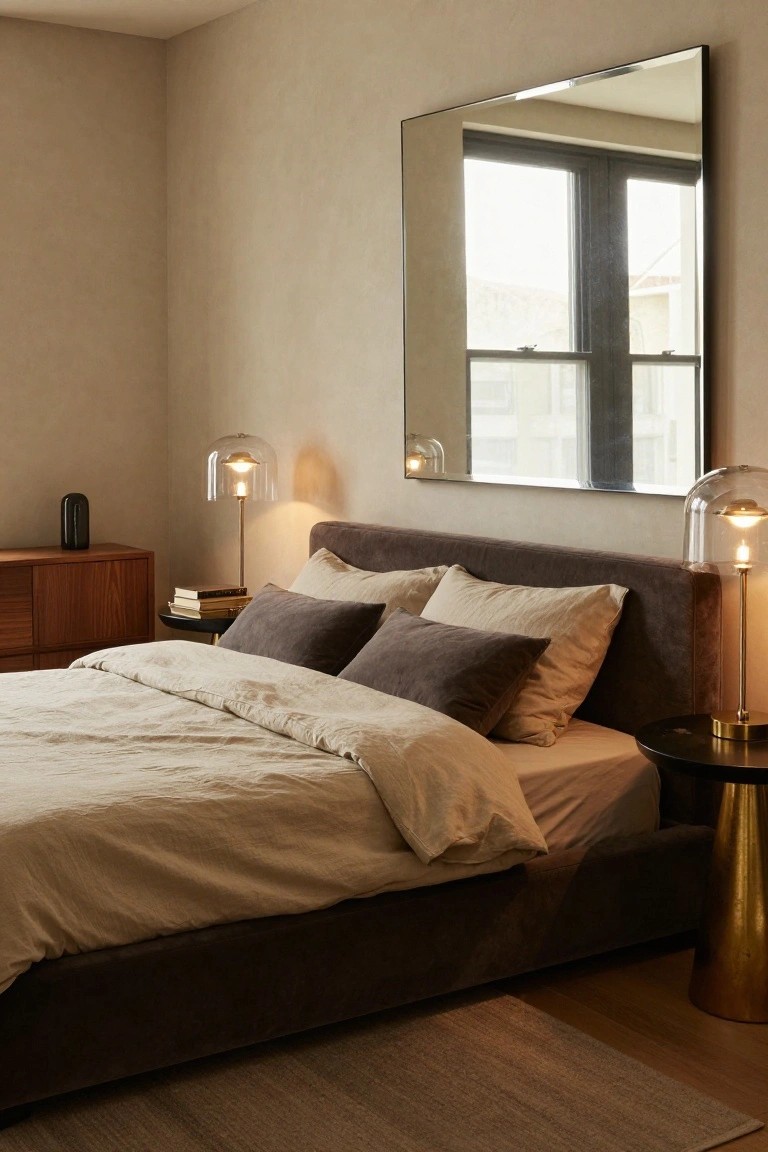 Modern bedroom with low gray fabric-upholstered platform bed, white linen duvet and pillows, two glass dome lamps on nightstands, wooden dresser with books, black side table, large wall mirror reflecting windows.