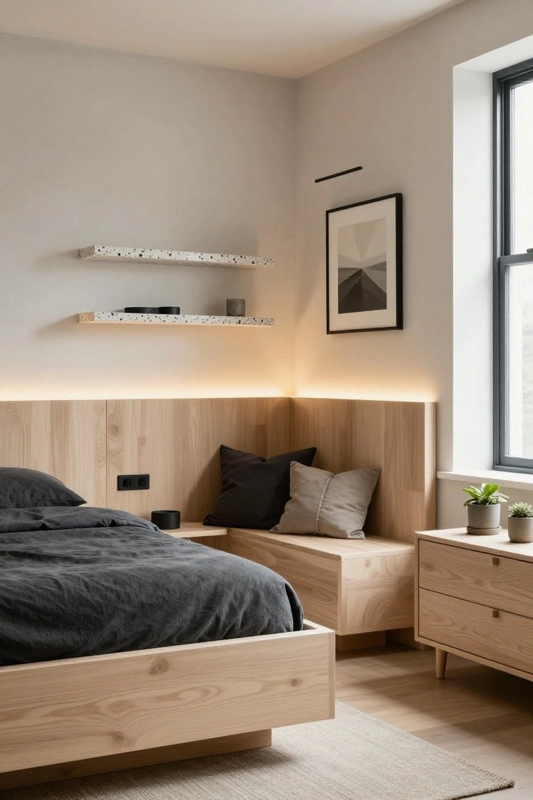 Corner bedroom with light wood platform bed, integrated headboard and bench, black linens, wooden nightstands, floating shelves, potted plants, and a large window.