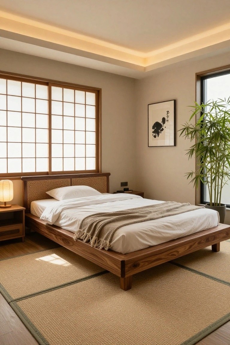 A modern bedroom with low wooden platform bed, rattan headboard, white bedding, bedside table and lamp, shoji screen window, framed art, and tall potted bamboo plant on seagrass rug.