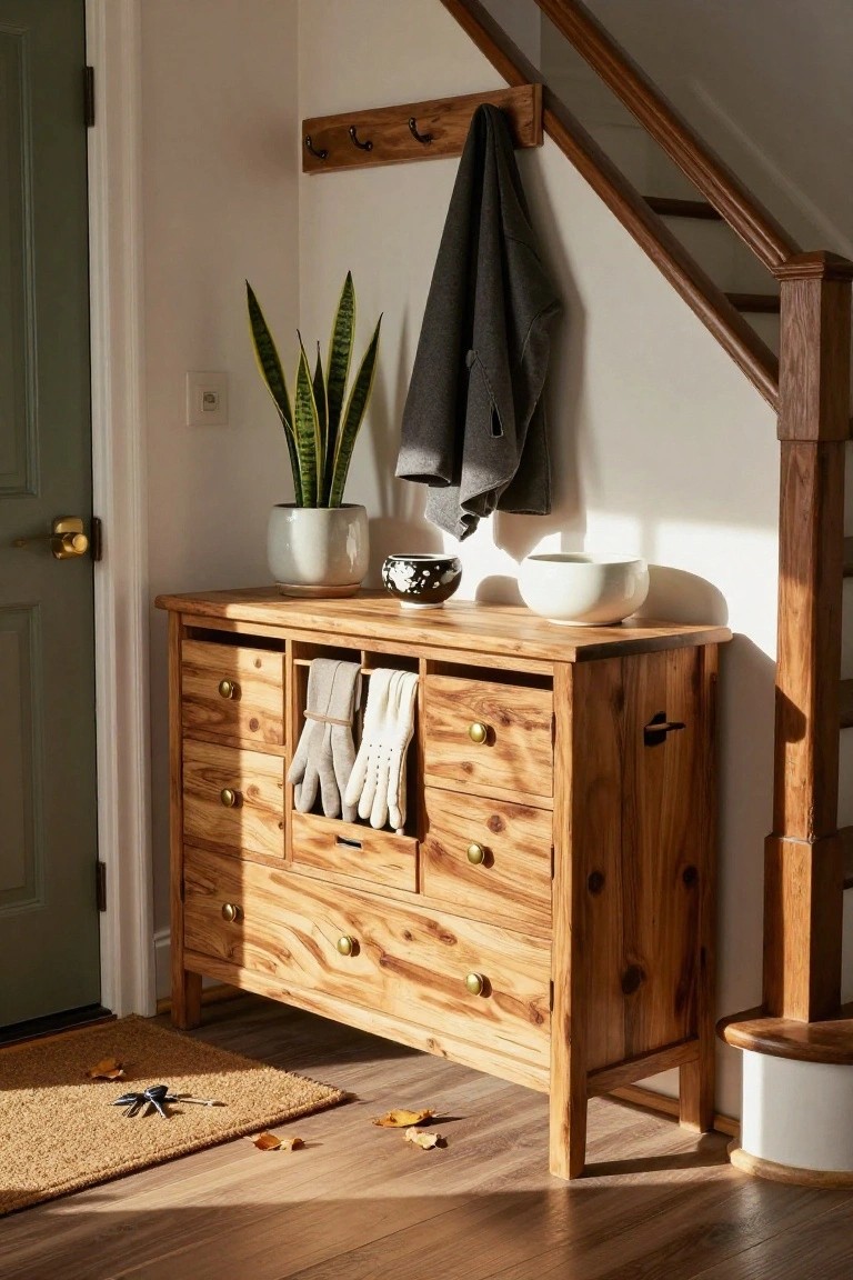 Wooden entryway dresser with gloves, plant, coat rack, and staircase.