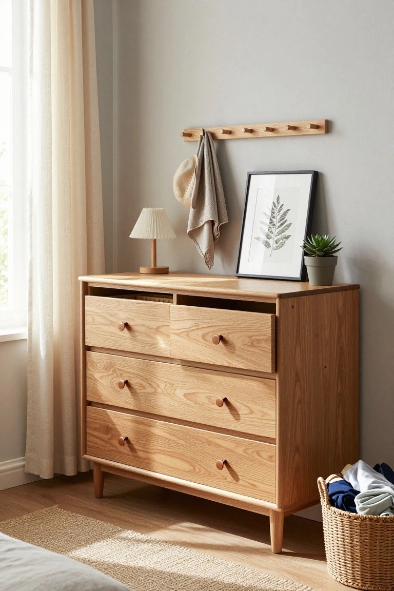Wooden dresser with drawers, lamp, plant, and framed fern art.