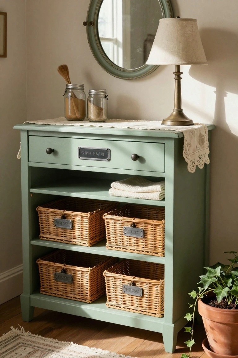 Mint green dresser with wicker baskets, lamp, and round mirror.
