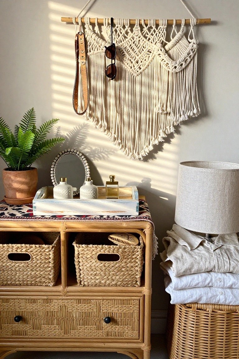 Boho rattan dresser with macrame wall hanging, woven baskets, and linen clothes.