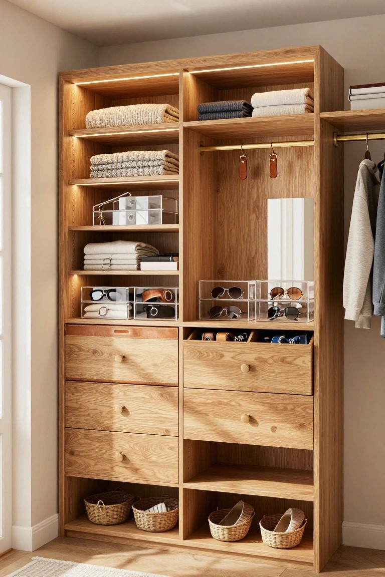 A tall wooden closet unit with multiple drawers, open shelves holding folded clothes and clear accessory organizers, and a hanging rod on the right side.