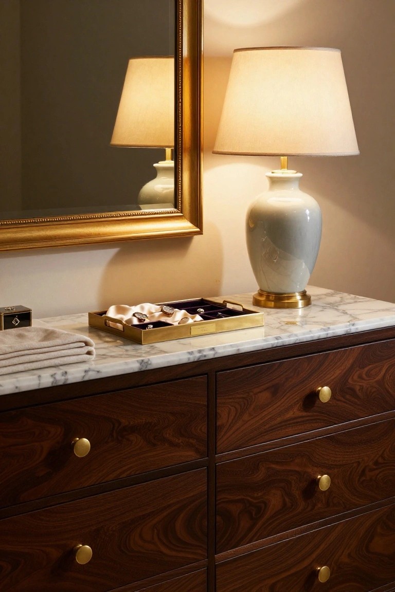 Dark wood dresser with marble top, ceramic lamp, and jewelry tray.