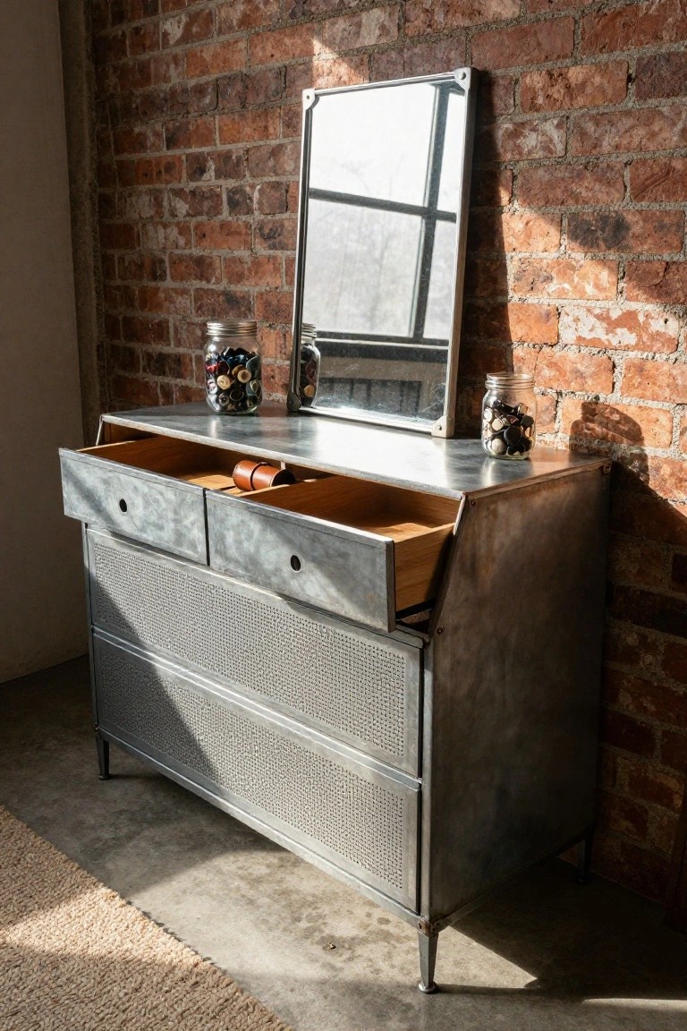 Metal dresser with open drawers against brick wall with mirror.