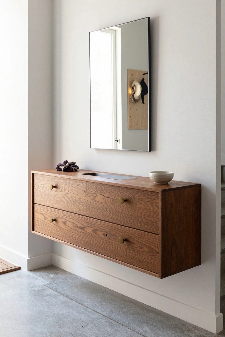 A wall-mounted wooden floating dresser with three drawers beneath a tall mirror on a white wall.