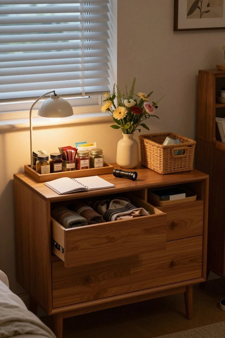 A wooden dresser with one drawer pulled open to show rolled clothing inside and a tray of small jars and items on top.