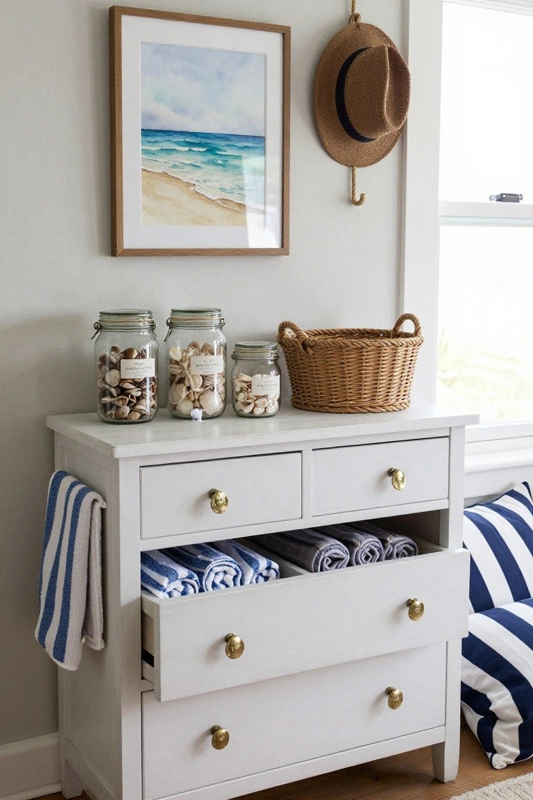 A white dresser with open drawers holding rolled blue and white striped towels, glass jars of shells on top, and a woven basket nearby.