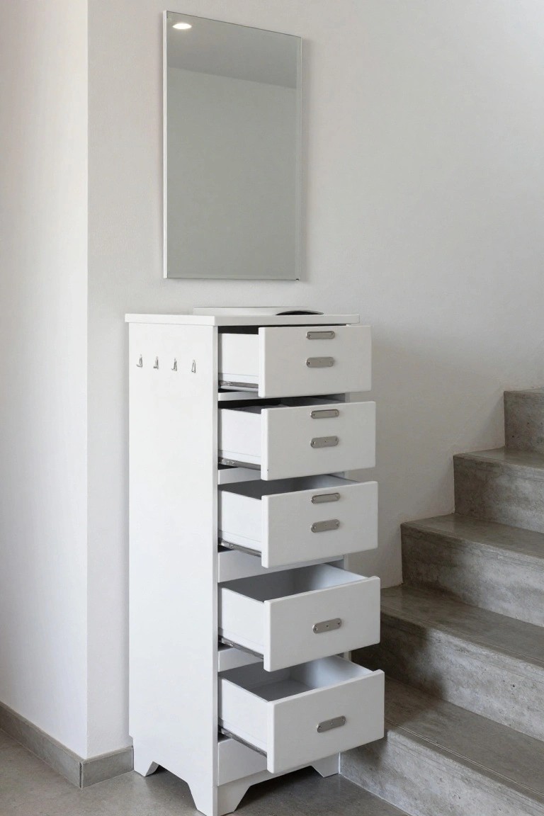 A white tall dresser with multiple open drawers stands next to a concrete staircase, with a mirror mounted on the wall above it.