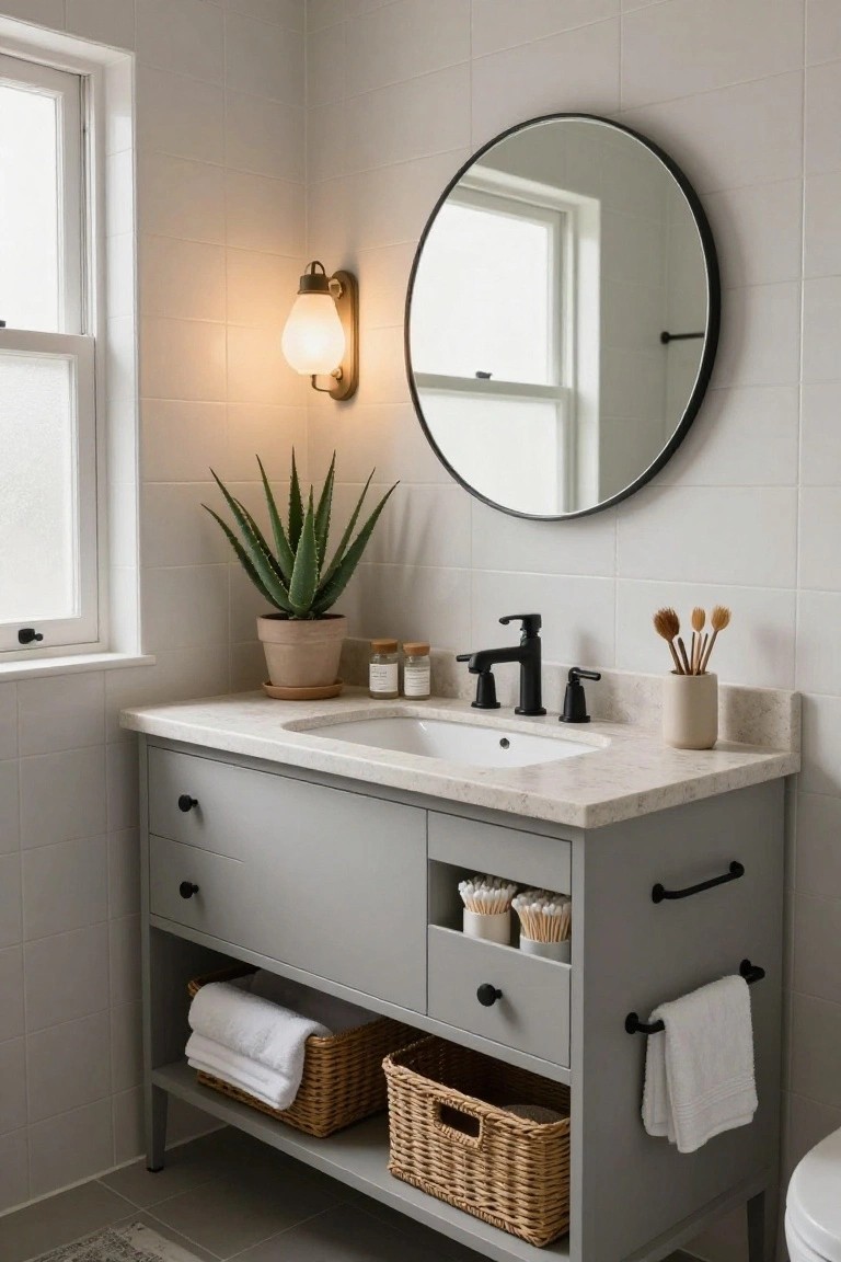 Modern gray bathroom vanity with marble countertop, round mirror, and aloe plant.