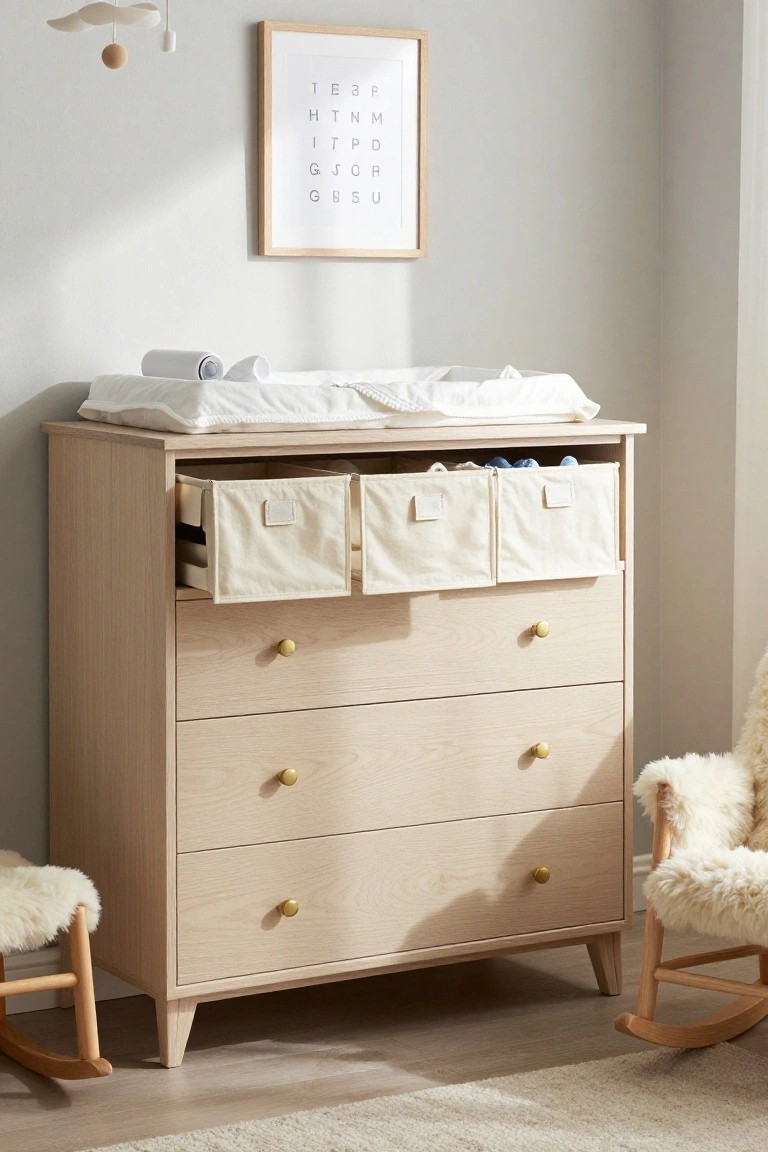 A light wood dresser with three canvas storage bins across the top section and a changing pad on the surface in a nursery room.